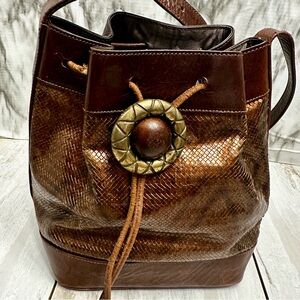 Susan Gail Brown Leather Drawstring Bucket Bag Shimmer Bronze Snakeskin Vintage
